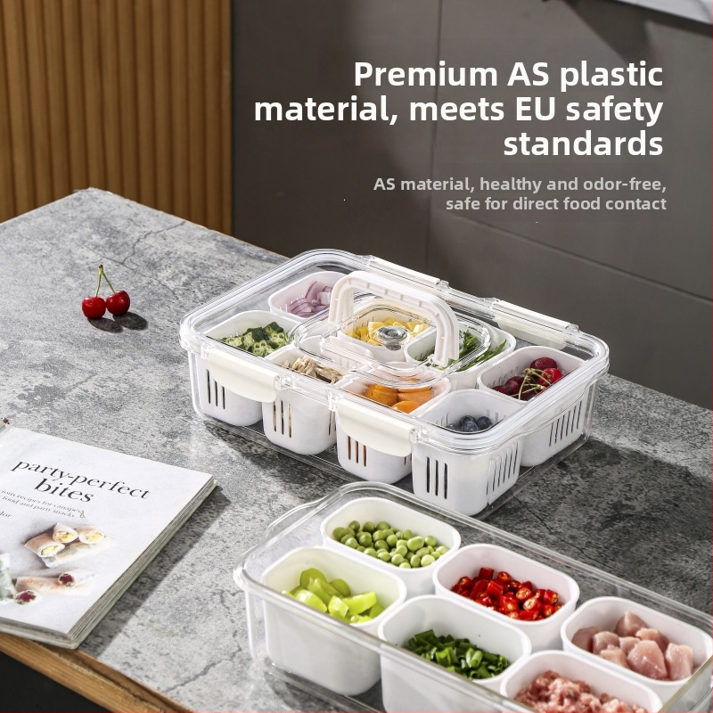 Хладилна кутия за съхранение с осем отделения, устойчива на съдомиялна машина, хранителна пластмаса, запечатан капак, преносима