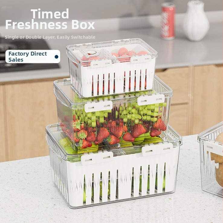 Хладилна кутия за съхранение, модерен стил на простота, хранителна класа, запечатана, с дренаж, запазва свежест, пластмасова