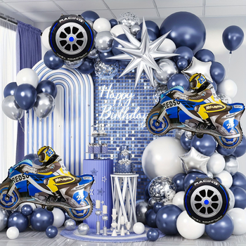 Balonska girlanda-arka s temom motocikla – aluminij folijski baloni, oblik utrke, karikaturistički uzorak