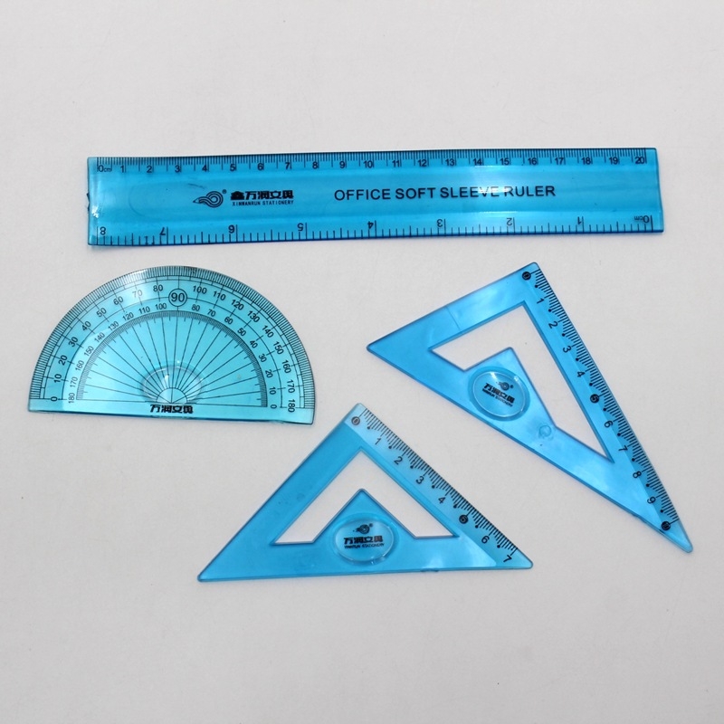 Plastični set ravnala od 4 komada: ravnalo, set kvadrati i kutomjer – Marka JQ, model 123