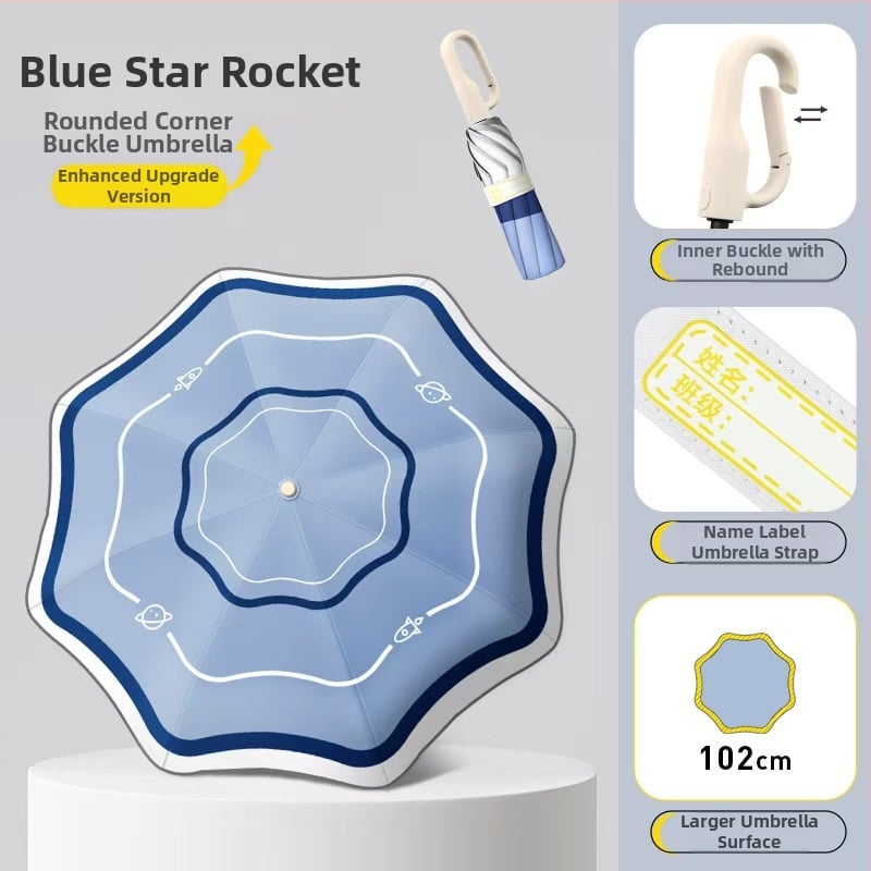 Детски чадър с автоматично отваряне, 8 ребра, фибърни спици, дълга дръжка, UPF 50+ – за училище