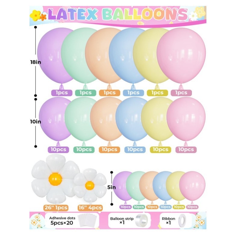 Margaréta-lufis ív dekoráció latex ballonokkal, kerek formájú, születésnapi és esküvői rendezvényekhez