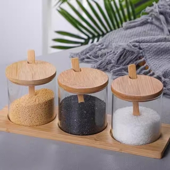 Stakleni set posuda za začine u kuhinji, za čvrste začine, trodijelni set, mogućnost otiska logotipa, moderni minimalistički stil