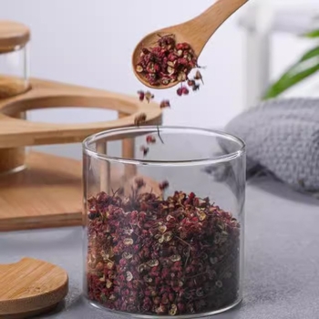 Stakleni set posuda za začine u kuhinji, za čvrste začine, trodijelni set, mogućnost otiska logotipa, moderni minimalistički stil