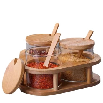 Stakleni set posuda za začine u kuhinji, za čvrste začine, trodijelni set, mogućnost otiska logotipa, moderni minimalistički stil