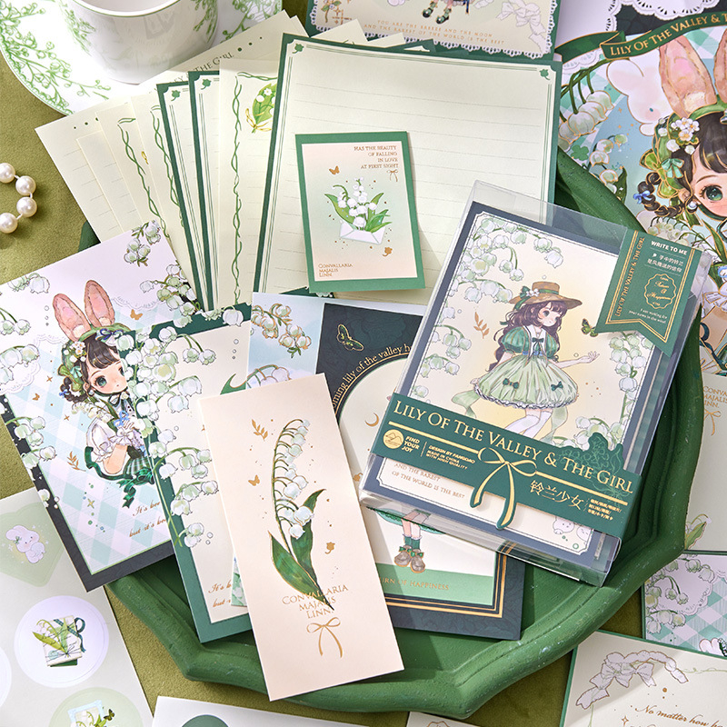 Square Island Lily of the Valley Girl Series set za pisanje — razglednice, kuverte, pisani papir, stil Lovely