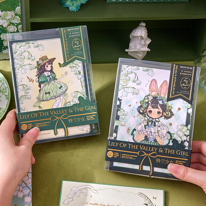 Square Island Lily of the Valley Girl Series set za pisanje — razglednice, kuverte, pisani papir, stil Lovely
