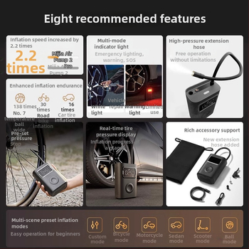 2Pro Hordozható autó légpumpa, Gyors felfújás, Hosszú akkumulátor-élettartam, Teljesítmény ≤ 80W