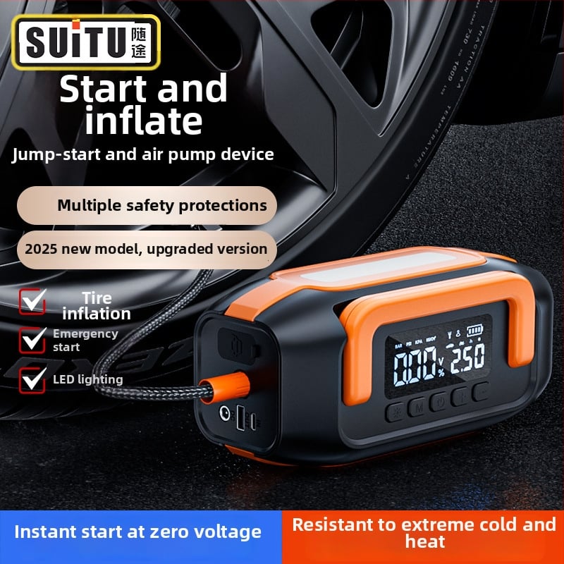 Όλα-σε-ένα φορητό κιτ έκτακτης εκκίνησης αυτοκινήτου με αντλία φουσκώματος, αναρρόφηση σκόνης και USB φόρτιση — 14.8V, 150W, 35 L/min, ψηφιακή οθόνη, 20+ λεπτά λειτουργίας