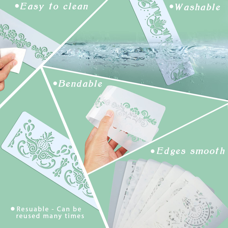 Set de 8 șabloane Taravera pentru pictarea bordurilor florale, șabloane reutilizabile pentru decorarea pereților, PET material