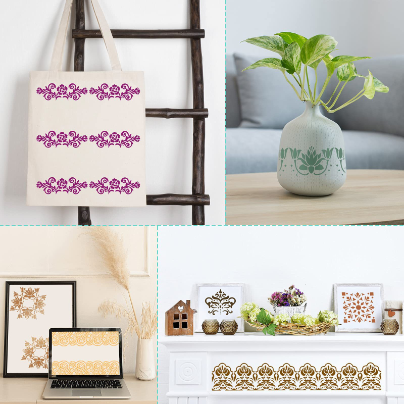 Set de 8 șabloane Taravera pentru pictarea bordurilor florale, șabloane reutilizabile pentru decorarea pereților, PET material