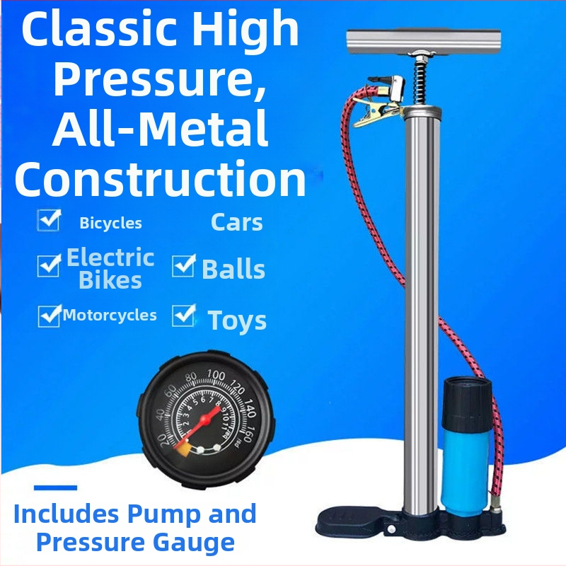 Pompa manuală de înaltă presiune pentru biciclete, biciclete electrice, motociclete și automobile, cu manometru; pentru țevi de aer și articole gonflabile, precum inele de înot și mingi de baschet.
