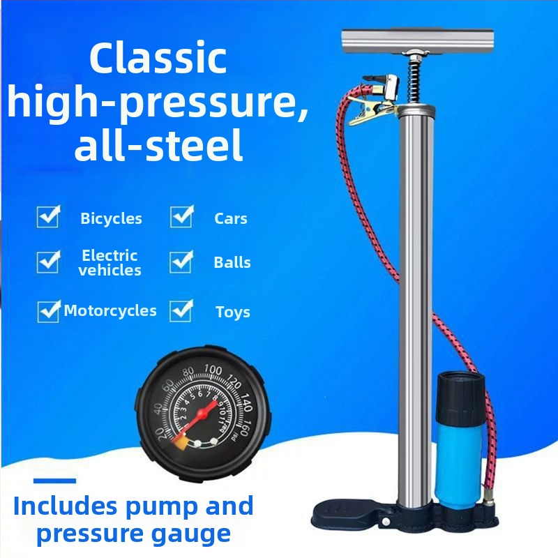 Pompa manuală de înaltă presiune pentru biciclete, biciclete electrice, motociclete și automobile, cu manometru; pentru țevi de aer și articole gonflabile, precum inele de înot și mingi de baschet.
