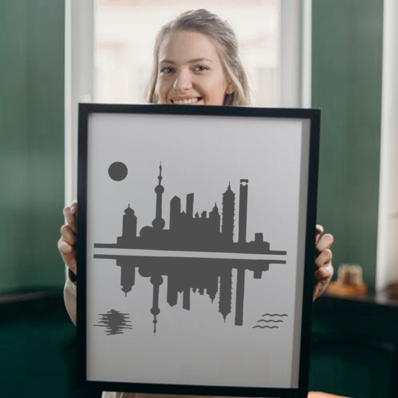 Lyukasztott festészeti sablon — kézzel készült a Rongyue Handmade; anyag: környezetbarát műanyag; témák: táj, város, vidéki, erdő, farm, strand.