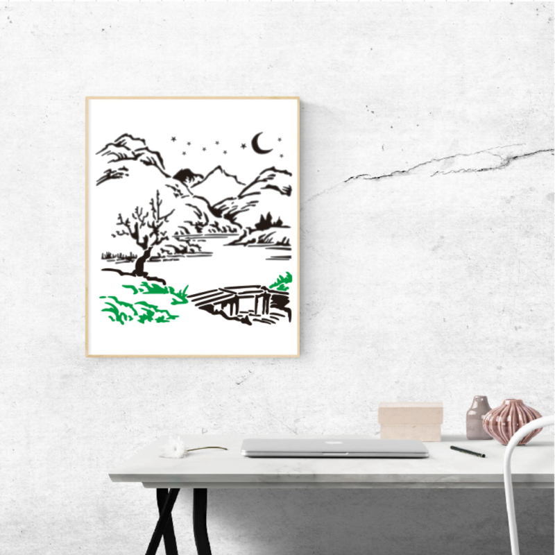 Lyukasztott festészeti sablon — kézzel készült a Rongyue Handmade; anyag: környezetbarát műanyag; témák: táj, város, vidéki, erdő, farm, strand.