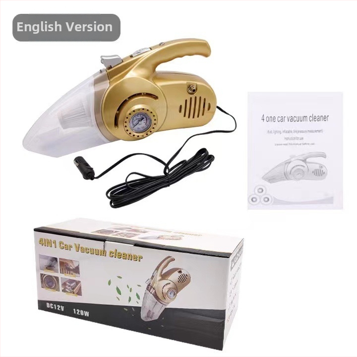 Aspirator auto 4 în 1 și pompă de aer cu iluminare LED, manometru pentru presiunea pneurilor, 12V 120W, cablu de 4,5 m