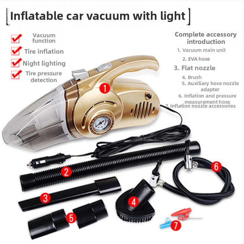 Aspirator auto 4 în 1 și pompă de aer cu iluminare LED, manometru pentru presiunea pneurilor, 12V 120W, cablu de 4,5 m