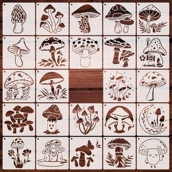 Șablon de pictură ciuperci, PET plastic reutilizabil pentru pictură DIY pe piatră; licență IP: artă și creație culturală; marcă privată autorizată.