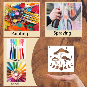 Șablon de pictură ciuperci, PET plastic reutilizabil pentru pictură DIY pe piatră; licență IP: artă și creație culturală; marcă privată autorizată.