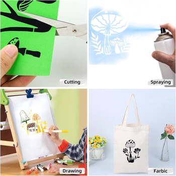 Șablon de pictură ciuperci, PET plastic reutilizabil pentru pictură DIY pe piatră; licență IP: artă și creație culturală; marcă privată autorizată.