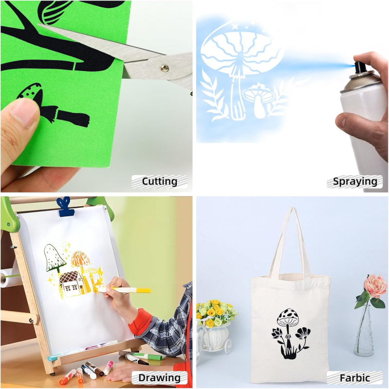 Șablon de pictură ciuperci, PET plastic reutilizabil pentru pictură DIY pe piatră; licență IP: artă și creație culturală; marcă privată autorizată.