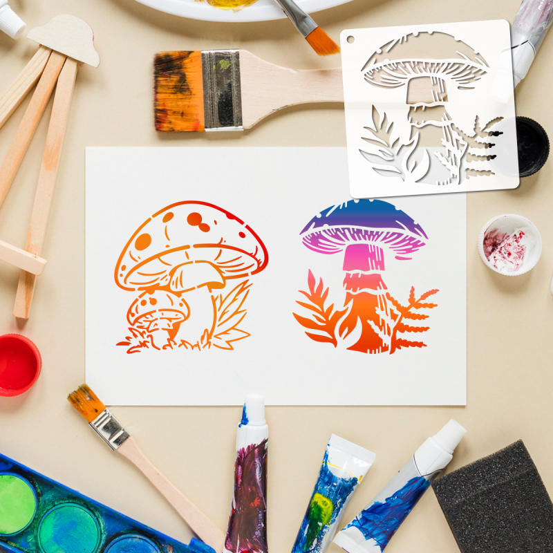 Șablon de pictură ciuperci, PET plastic reutilizabil pentru pictură DIY pe piatră; licență IP: artă și creație culturală; marcă privată autorizată.