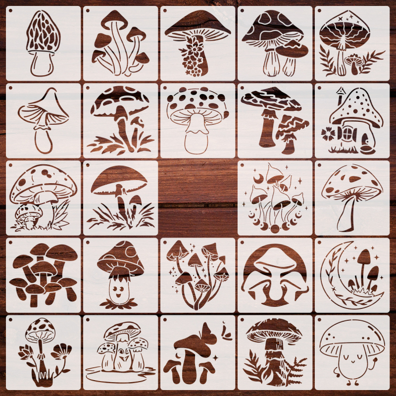 Șablon de pictură ciuperci, PET plastic reutilizabil pentru pictură DIY pe piatră; licență IP: artă și creație culturală; marcă privată autorizată.