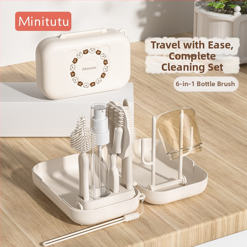 Minitutu портативен комплект за почистване на бебешки бутилки със силиконова четка и кутия за съхранение за пътуване