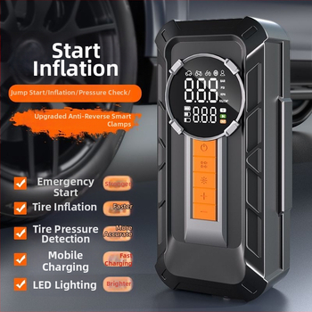 Starter de urgență pentru mașină cu pompă de aer încorporată și power bank, pompă cu un singur cilindru, 12V, baterie Li-ion, 10A, 80W, debit aer 25 L/min