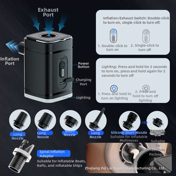 Pompa electrică de aer pentru obiecte gonflabile, cu 5 duze, baterie de 1200mAh și lanternă de camping