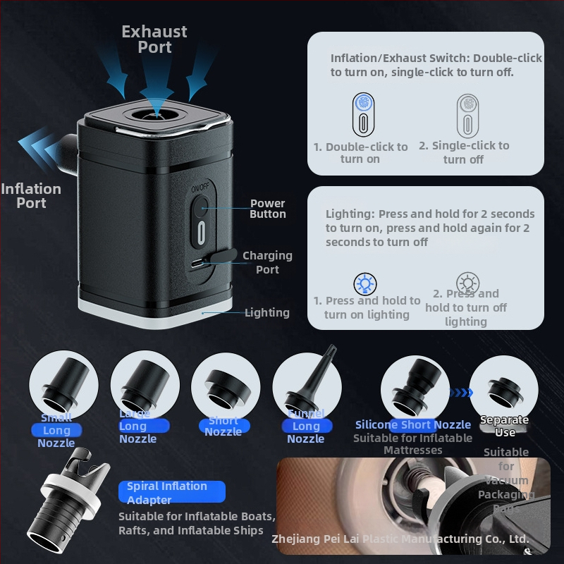 Pompa electrică de aer pentru obiecte gonflabile, cu 5 duze, baterie de 1200mAh și lanternă de camping