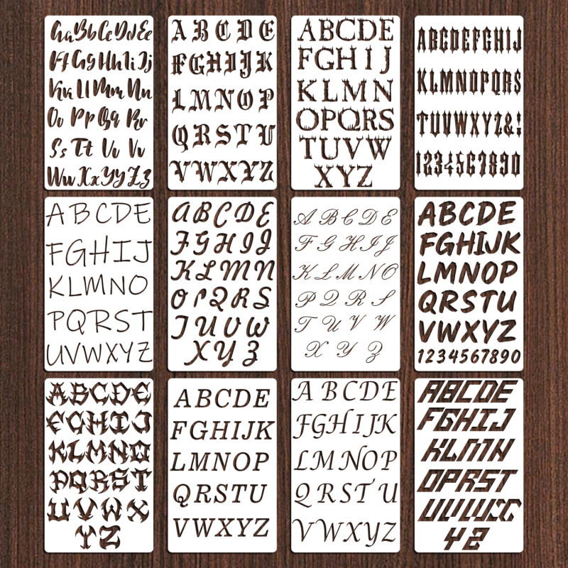 12 féle PET sablon szám- és betűkarakterekhez – lyukasztott mintázatú készlet DIY illusztrációkhoz és dörzsöléses nyomtatáshoz