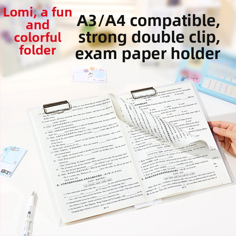 Organizator pentru coli de test cu clips dublu puternic, din plastic, compatibil cu formatele A4–A3, clemă de dimensiune A4, imprimarea siglei disponibilă