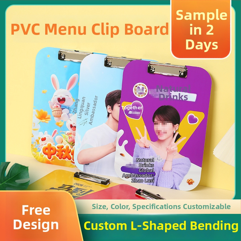 Clip PVC pentru meniul restaurantului cu suport de scriere — clemă puternică, reglabilă lățimea clemei și grosimea plăcii, imprimare logo disponibilă