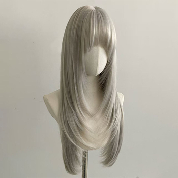 Perucă pentru femei, model CH-2053-3, fibre rezistente la temperatură, procesare mecanică, păr lung cu breton, efect de modelare a feței