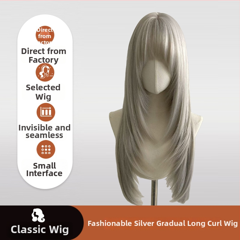 Perucă pentru femei, model CH-2053-3, fibre rezistente la temperatură, procesare mecanică, păr lung cu breton, efect de modelare a feței