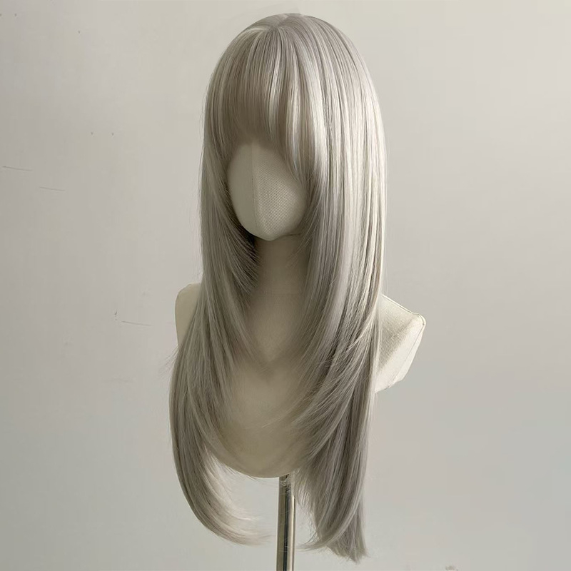 Perucă pentru femei, model CH-2053-3, fibre rezistente la temperatură, procesare mecanică, păr lung cu breton, efect de modelare a feței