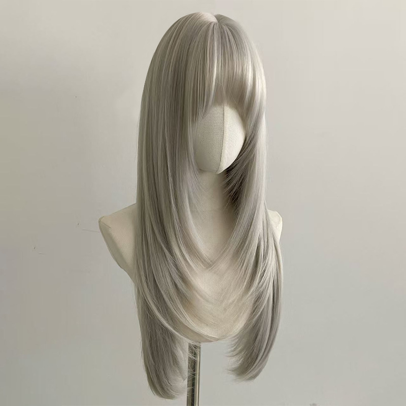 Perucă pentru femei, model CH-2053-3, fibre rezistente la temperatură, procesare mecanică, păr lung cu breton, efect de modelare a feței