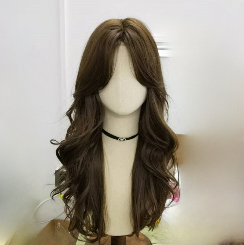 Perucă lungă buclată pentru femei - aspect natural, fibre din sârmă proteică/sârmă cu flanșă, poate fi vopsită sau îndreptată, breton: aliniat sau înclinat