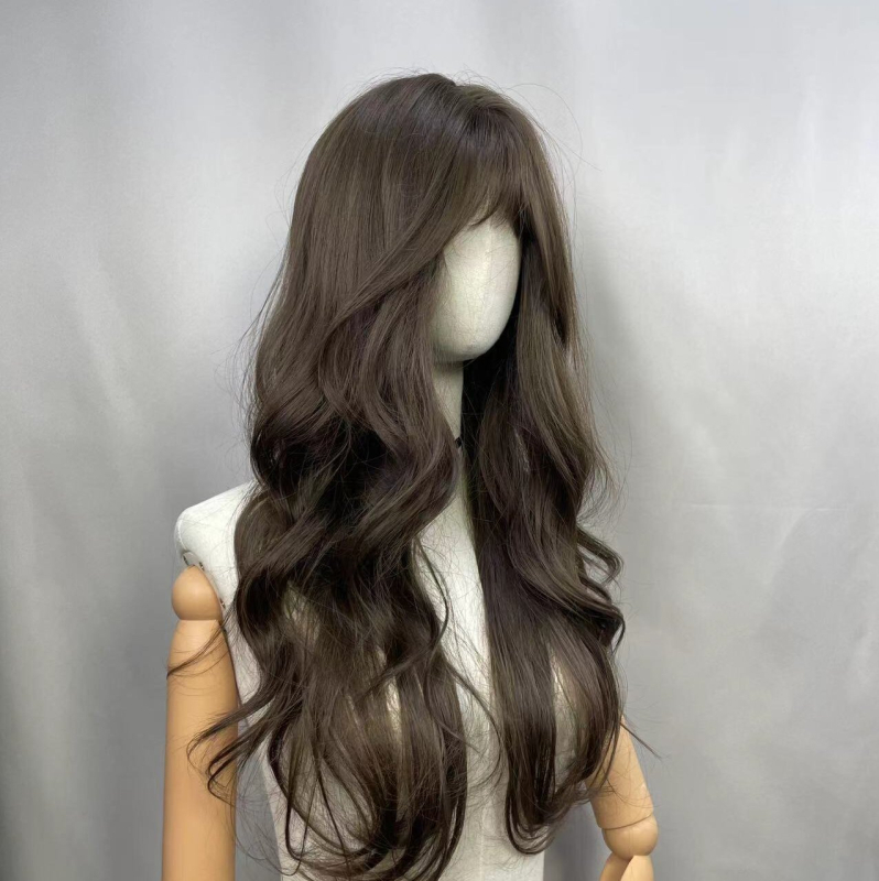 Perucă lungă buclată pentru femei - aspect natural, fibre din sârmă proteică/sârmă cu flanșă, poate fi vopsită sau îndreptată, breton: aliniat sau înclinat