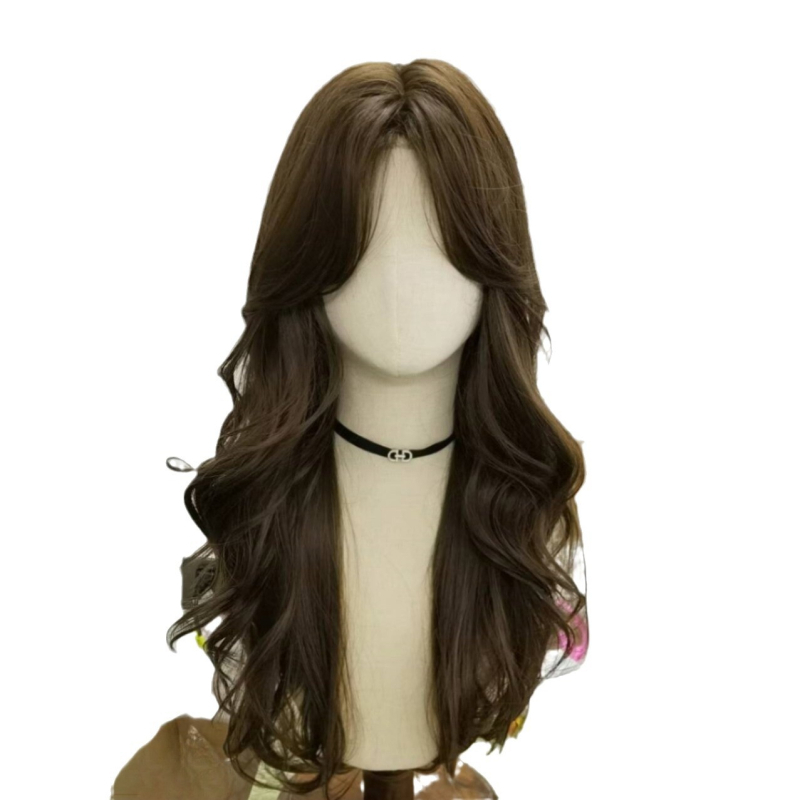 Perucă lungă buclată pentru femei - aspect natural, fibre din sârmă proteică/sârmă cu flanșă, poate fi vopsită sau îndreptată, breton: aliniat sau înclinat