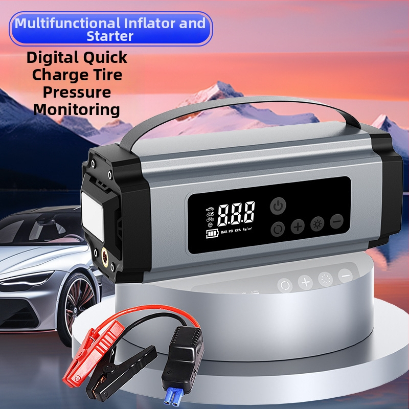 Starter de urgență auto cu compresor de aer integrat — 12V, 600A, 120W, debit 70 L/min, încărcare USB, afișaj digital