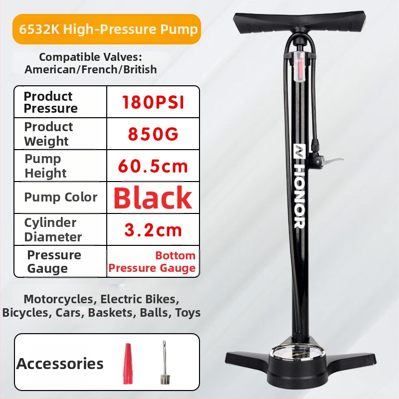 Pompa manuală portabilă pentru bicicletă, cu manometru universal, presiune 180 psi, corp din fier, model 6532K, lungime 605 mm