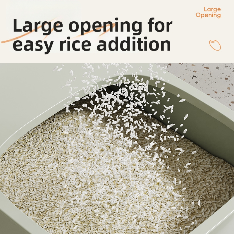 Recipient pentru depozitarea orezului, capacitate mare, din plastic alimentar PP, sigilat, protecție împotriva umezelii și insectelor; imprimare logo disponibil