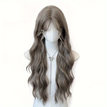 Perucă sintetică lungă, bucle bogate, stil coreean, fibre rezistente la temperatură, breton cu parte centrală, necolorabilă și nepermanentizabilă
