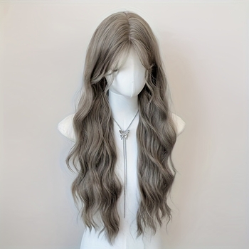 Perucă sintetică lungă, bucle bogate, stil coreean, fibre rezistente la temperatură, breton cu parte centrală, necolorabilă și nepermanentizabilă