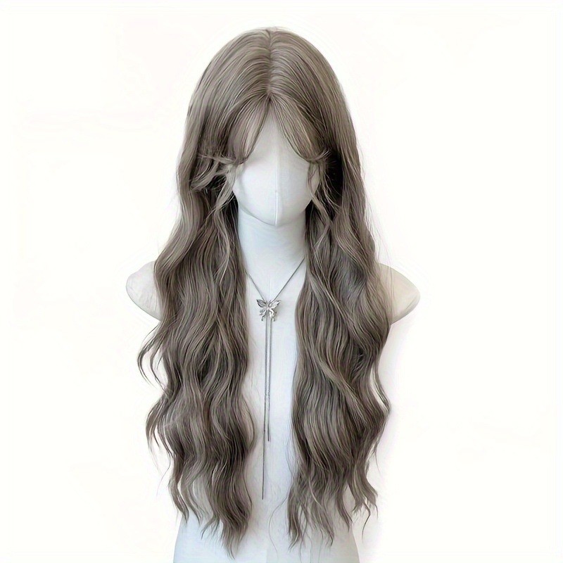 Perucă sintetică lungă, bucle bogate, stil coreean, fibre rezistente la temperatură, breton cu parte centrală, necolorabilă și nepermanentizabilă