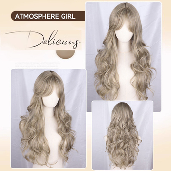 Perucă cosplay JL013 — păr lung, bucle, breton oblic, multicolor, fibră sintetică rezistentă la temperaturi înalte