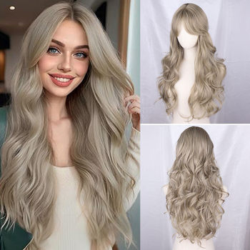 Perucă cosplay JL013 — păr lung, bucle, breton oblic, multicolor, fibră sintetică rezistentă la temperaturi înalte