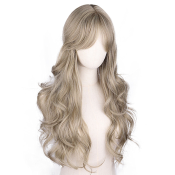 Perucă cosplay JL013 — păr lung, bucle, breton oblic, multicolor, fibră sintetică rezistentă la temperaturi înalte